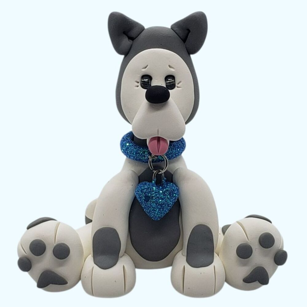 Puppy Dog w/ Shiny Blue Collar & Heart Pendant Handmade Polymer Clay Gray White